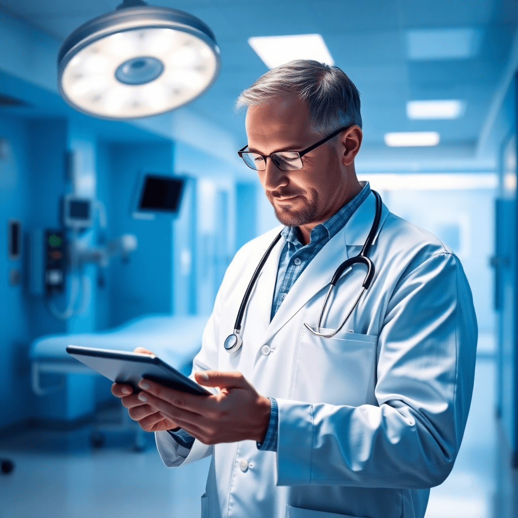 doctor using tablet in hospital setting, professional medical environment, blue tones
